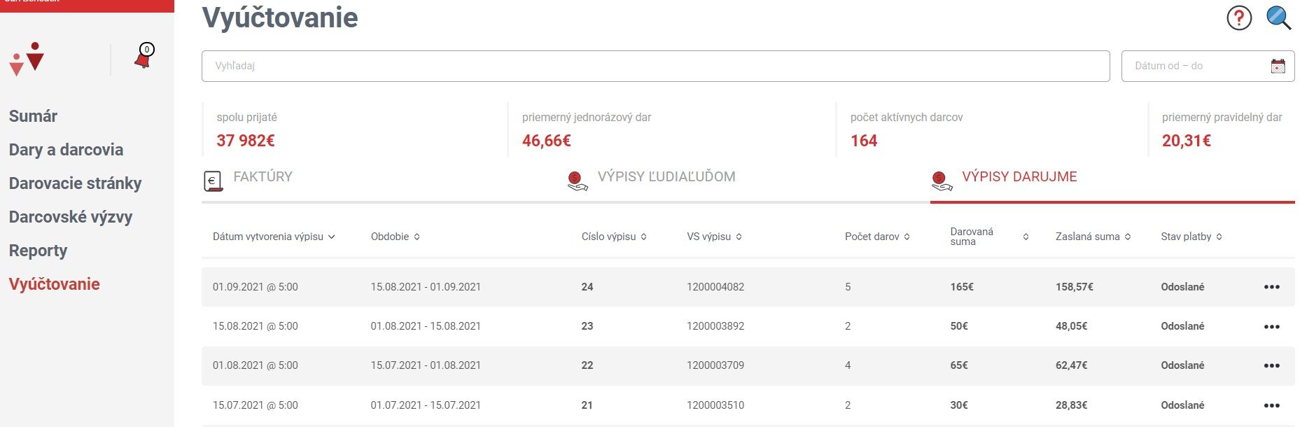 Obr.1 Vyuctovanie DARUJME