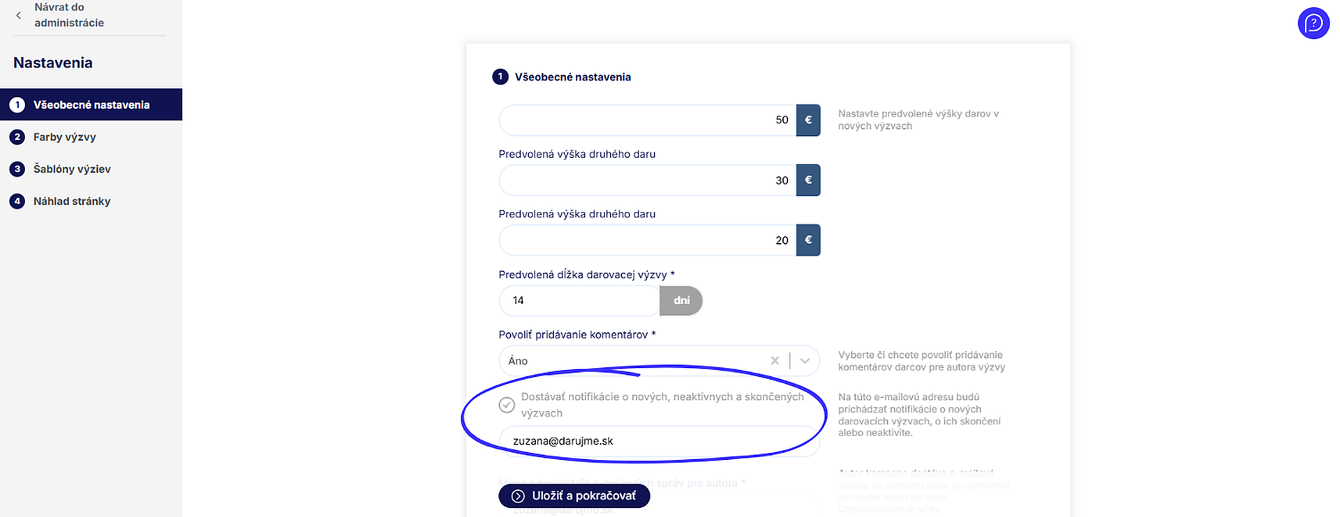 Darcovské výzvy v admine notifikácie